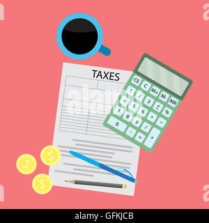 Imposta giorno appartamento concetto. Forma fiscale con caffè e calcolatrice. Illustrazione Vettoriale flat Foto Stock