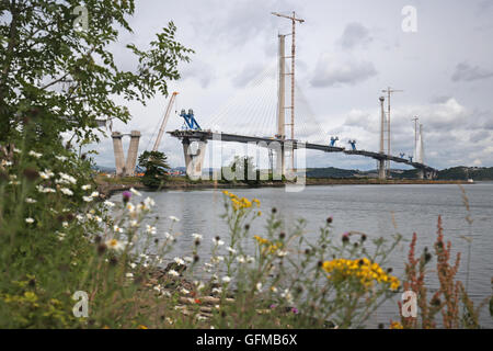 Una vista dal porto di Edgar, south queensferry, del nuovo Queensferry attraversando Ponte stradale, la nuova via ponte di sostituzione, che è in fase di costruzione e di essere costruito a fianco di quelli esistenti Forth Road Bridge. Foto Stock