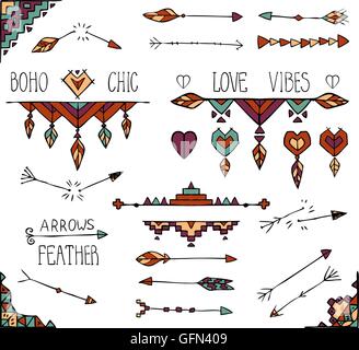 Disegnato a mano boho colorati tribal raccolta di elementi. Illustrazione Vettoriale