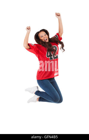 Pretty Woman in football jersey pronto per la stagione. Foto Stock