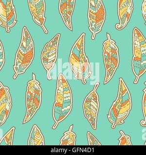 Modello senza cuciture con disegnati a mano ornato di piume su sfondo blu. Illustrazione Vettoriale