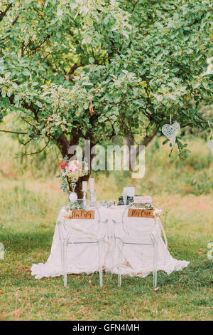 Decorazioni per matrimoni nella foresta. Cerimonia rustico nel parco, tabella andchairs, oggetti decorativi, composizioni floreali Foto Stock