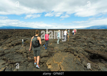 I turisti a piedi attraverso la lava aa al punto Moreno, Isabela Island, Isole Galapagos, Ecuador, Sud America Foto Stock