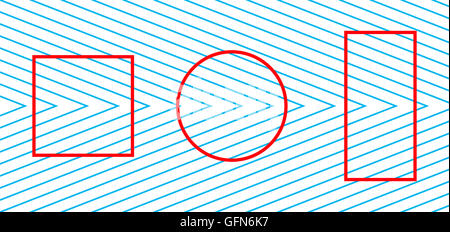 Orbison illusione ottica. La Piazza Rossa, cerchio e rettangolo sono sovrapposti su uno sfondo di linee radiali. Foto Stock