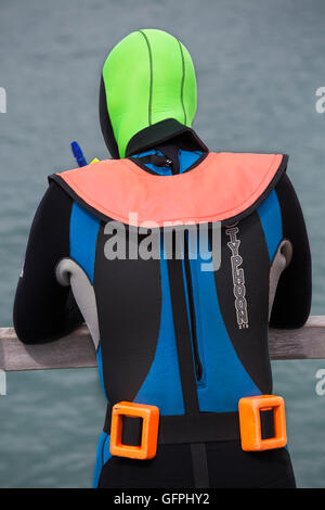 Scuba Diver in colorato fluorescente usura ingranaggi Typhoon wetsuit a Swanage in luglio - Vista posteriore Foto Stock