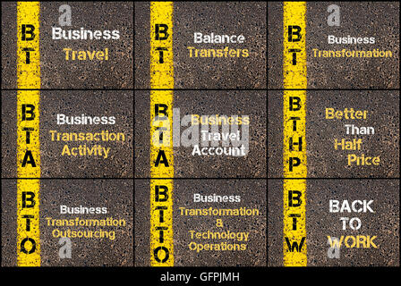 Photo Collage di acronimi aziendali scritti sopra la segnaletica stradale vernice gialla linea. BT, BTA, BTHP, BTO, BTTO, BTW Foto Stock