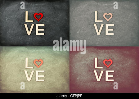 Photo Collage di Vintage lavagne con cuori rossi e la parola amore, la creatività e il concetto di amore Foto Stock