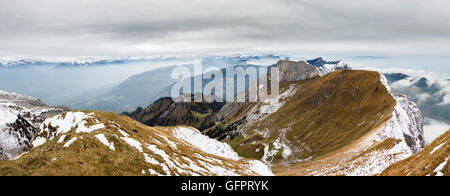 Panorama colpo di un paesaggio di montagna, con i colori autunnali in primo piano, e neve in background Foto Stock