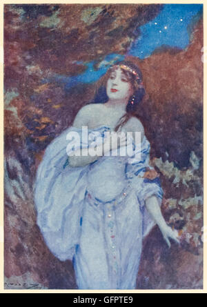 "Si vede una fanciulla luminose, Drest in silken robe di bianco…" Geraldine nella foresta da 'Christabel' di Samuel Coleridge (1772-1834), Illustrazione da Arthur C. Michael. Foto Stock