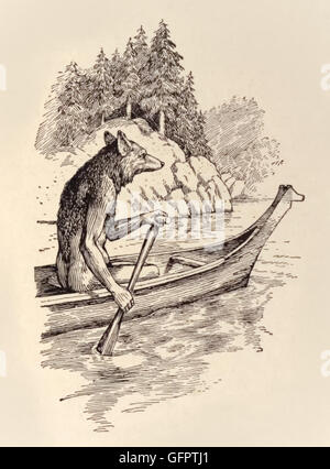 "Coyote è andato fino al fiume." Da "avventure del Coyote' un carattere antropomorfico comune per il folclore di molti indigeni americani del Nord i popoli. Illustrazione di un Salish Indian storia tradizionale da Federico N. Wilson (1876-1961). Foto Stock