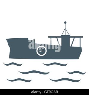 Icona stilizzata della petroliera di olio galleggiante su onde su sfondo bianco Illustrazione Vettoriale