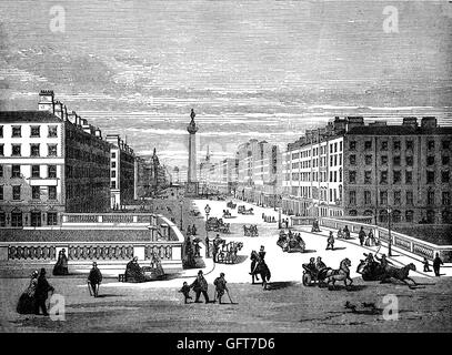 Un inizio del XIX secolo vista del Ponte di Carlisle e Sackville Street (più tardi O'Connell Bridge e Street) oltre il fiume Liffey a Dublino, Irlanda. Nelson la colonna, successivamente soffiate dall'IRA nel 1966 può anche essere visto. Ora posizione per la guglia... Foto Stock