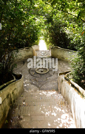 Alhambra. Scala di acqua con flussi di acqua che scorre nelle sue sue inferriate, Granada, Andalusia, Spagna. Foto Stock
