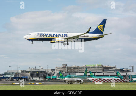 Aereo Ryanair atterraggio con aeroporto di Dublino segno visibile sul terminale al di sotto e con un sacco di Aer Lingus piani sulla terra. Foto Stock