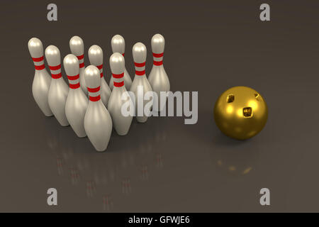 3D rendering birilli da bowling e palla dorata in uno sfondo grigio Foto Stock