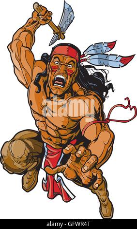 Vector cartoon clip art illustrazione di un Apache Native American warrior o brave saltando verso il visualizzatore. Illustrazione Vettoriale