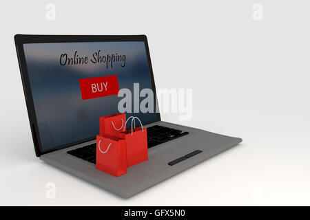 3D Rendering di Laptop e borse per lo shopping. Online il concetto di internet Foto Stock