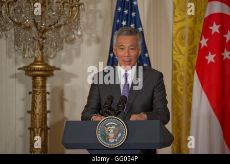 Washington DC, 2 agosto 2016, STATI UNITI D'AMERICA:il primo ministro Lee Hsien Loong di Singapore, partecipa a una conferenza stampa presso la Casa Bianca. Patsy Lynch/Alamy Live News Foto Stock