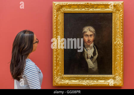 Londra, Regno Unito. Il 3 agosto, 2016. Turner autoritratto c.1799, che si dispongono sulla Banca di Inghilterra del nuovo £20 banconota. - Opere di JMW Turner, che sono tornati a casa per la Clore Gallery della Tate Britain a seguito di un importante tour internazionale per gli Stati Uniti e il Canada. I vantaggi includono: Norham Castle - Sunrise: il tanto amato la pittura dal tardo in Turner la carriera, che mostra una suggestiva visione del paesaggio britannico bagnato dal sole; pace - la sepoltura in mare: iend, l'artista David Wilkie; e la Dogano, San Giorgi Credito: Guy Bell/Alamy Live News Foto Stock