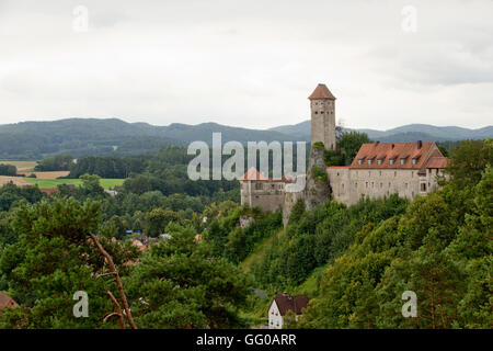 Neuhas An Der Pegnitz, Germania. Il 3° agosto 2016. Vista di Veldenstein cast in Neuhas An Der Pegnitz, Germania, 3 agosto 2016. In precedenza, il ministro delle Finanze in Baviera informati sul restauro e futuro utilizzo del castello di Veldenstein. Dopo un rockslide nel 2013, il Land della Baviera ha investito circa un milione di euro in misure di sicurezza e una nuova piattaforma di osservazione. Il castello e il ponte di osservazione aperto nell'estate 2014. Foto: DANIEL KARMANN/dpa/Alamy Live News Foto Stock