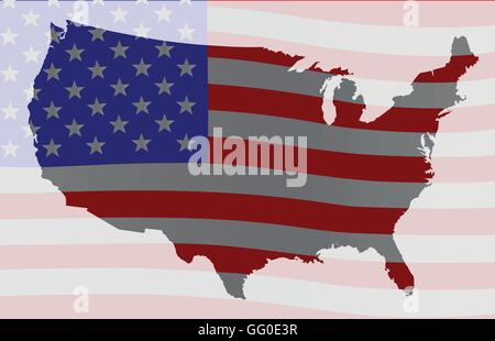 Un contorno silhouette mappa degli Stati Uniti d'America oltre a stelle e strisce di bandiera Illustrazione Vettoriale