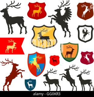 Scudo con i cervi, le renne, stag logo vettoriale. Stemma, araldica impostare le icone Illustrazione Vettoriale