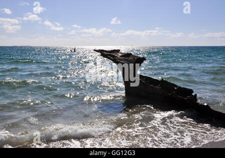 Vecchio arrugginito naufragio parzialmente sommerso a CY O'Connor spiaggia e l'Oceano Indiano seascape in Nord Coogee, Western Australia. Foto Stock