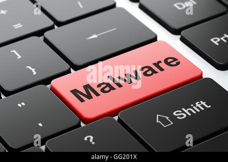 Il concetto di privacy: il malware sul computer sullo sfondo della tastiera Foto Stock
