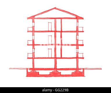 2d disegno a mano libera illustrazione della costruzione di sezione verticale Foto Stock