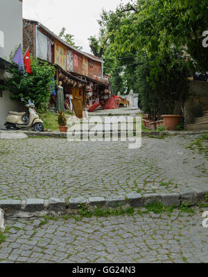 Strada stretta con pietre per pavimentazione su per la collina di Istanbul Foto Stock