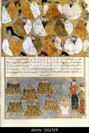 Rashid Al-Din (1247-1318) Tentes mongoles et prisonniers de Gengis Khan miniatura du Jami al-tawarikh (Histoire universelle). 14e siècle Paris, Bilbiothèque Nationale Foto Stock