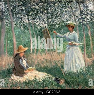 Claude Monet scuola francese nei boschi a Giverny: Blanche Hoschedé al suo cavalletto con Suzanne Hoschedé lettura Olio su tela (91,44 x 97.79 cm) Los Angeles County Museum of Art Foto Stock