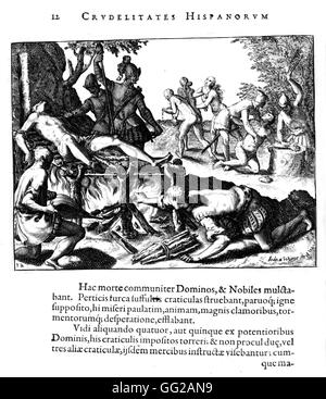 Incisione di Théodore de Bry Bartholomé de Las Casas. La crudeltà di uomini Spagnolo in America 1598 Foto Stock