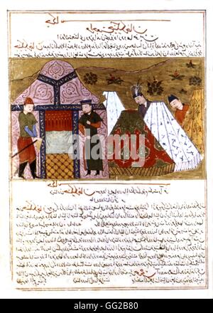 Il persiano manoscritto illustrato con 106 dipinti: 'Jami'al' Tawarikh da Rachid ad-Dîn (Storia dei Mongoli). Gengis Khan fra le tende. Scuola di persico del XIV secolo Foto Stock