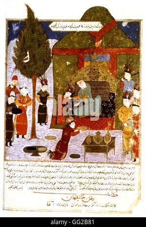 Il persiano manoscritto illustrato con 106 dipinti: 'Jami'al' Tawarikh da Rachid ad-Dîn (Storia dei Mongoli). Gengis Khan, sul trono circondato dai Mongoli scuola persiano del XIV secolo Foto Stock