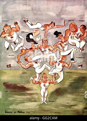 Vignetta satirica da Derso et Kelen circa la Cecoslovacchia. (Benes sostenere il Francese, Tedesco, Russo e British statisti) 1938 Lega delle Nazioni Kelen Collection Foto Stock