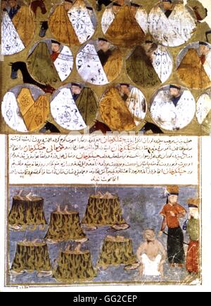 Il persiano manoscritto illustrato con 106 dipinti: 'Jami'al' Tawarikh da Rachid ad-Dîn (Storia dei Mongoli). Prigionieri gettati in cauldrons dopo una battaglia tra le tribù rivali. Scuola di persico del XIV secolo Foto Stock