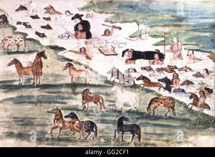 Illustrazione di Florian Baucke (1749-1767). Zwettler Codex. La vita dei Guarani visto da un padre gesuita. Attraversando fiumi. Il Paraguay del XVIII secolo in Austria. Stifs Zwettl. library Foto Stock