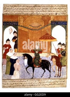 Il persiano manoscritto illustrato con 106 dipinti: 'Jami'al' Tawarikh da Rachid ad-Dîn (Storia dei Mongoli). Ghazan Khan ordinare l'esecuzione di un funzionario che aveva saccheggiato la città di Nichapour. Scuola di persico del XIV secolo Foto Stock