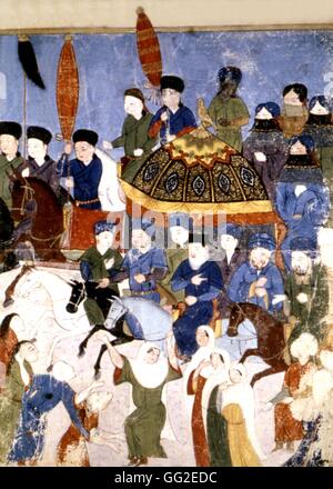 Il persiano manoscritto illustrato con 106 dipinti: 'Jami'al' Tawarikh da Rachid ad-Dîn (Storia dei Mongoli). Bara di Mahmoud Ghazan, trasferito a Tabriz (1304) Scuola di persico del XIV secolo Foto Stock