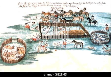 Illustrazione di Florian Baucke (1749-1767). Zwettler Codex. La vita dei Guarani visto da un padre gesuita. Lo spagnolo piccolo forte contro gli indiani, o 'advanced post". Il Paraguay del XVIII secolo in Austria. Stifs Zwettl. library Foto Stock