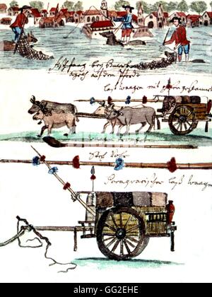 Illustrazione di Florian Baucke (1749-1767). Zwettler Codex. Vie des Indiens vue par onu père jésuite. "Cavallo" di pesca nelle vicinanze di Buenos Aires. Un carro trainato da buoi. Argentina del XVIII secolo in Austria. Stifs Zwettl. library Foto Stock