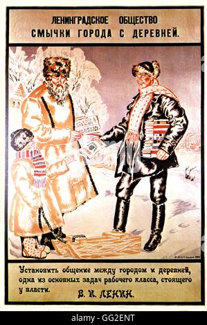 Poster di propaganda da Boris Kustodiev (1878-1927): "a stabilire collegamenti tra le città e i villaggi è il dovere del Potere Popolare. (Citazione da un testo di Lenin) 108 x 72 cm 1925 U.R.S.S. Foto Stock