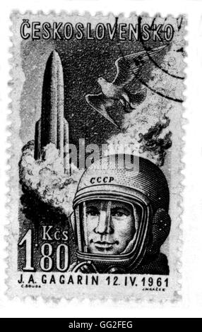 Francobollo celebra Yuri Gagarin il volo spaziale 1961 Cecoslovacchia Foto Stock