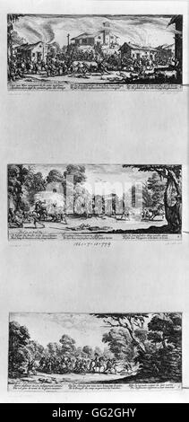 Jacques Callot scuola francese guerra dei trenta anni: Saccheggio di un villaggio (top), attaccando una diligenza (centro) e trovare i cattivi (fondo) 1633 tre incisioni da 'Le miserie e disastri della guerra' che illustra gli orrori della guerra dei Trent anni in Foto Stock