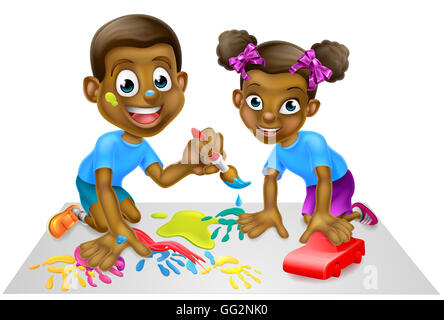 Cartoon black boy e la ragazza che gioca con vernici e toy blocchi di costruzione Foto Stock