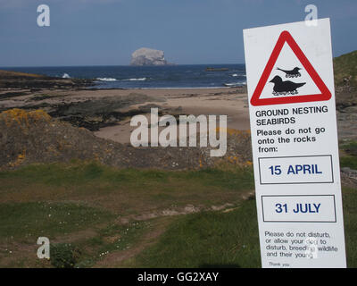 Segnale di avvertimento, massa uccelli nidificanti, North Berwick e Bass Rock Foto Stock