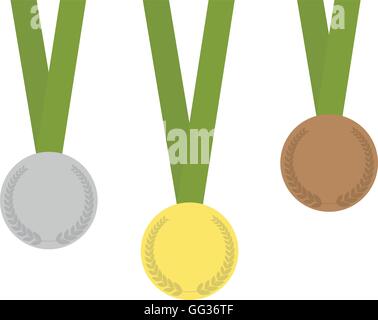 Set di tre medaglie contenente: medaglia d'oro, d'Argento e Medaglia di bronzo-medaglia, con allori e verde ai nastri. Illustrazione Vettoriale