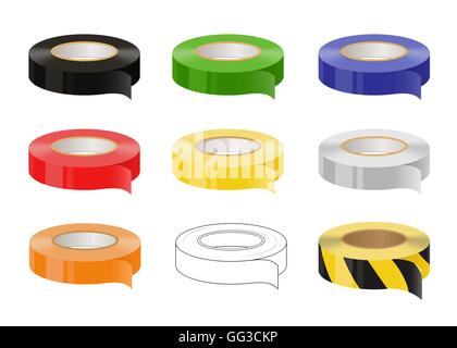 Set di nastri adesivi: nero, verde, blu, rosso, giallo, grigio, arancione, nero e giallo Nastro di avvertenza. Illustrazione isolato. Vettore. Illustrazione Vettoriale