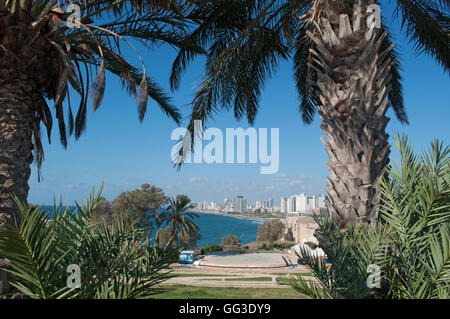 Israele e Medio Oriente: Lo skyline e il litorale delle spiagge di Tel Aviv visto dalla cima della collina su cui la città vecchia di Jaffa è appollaiato Foto Stock